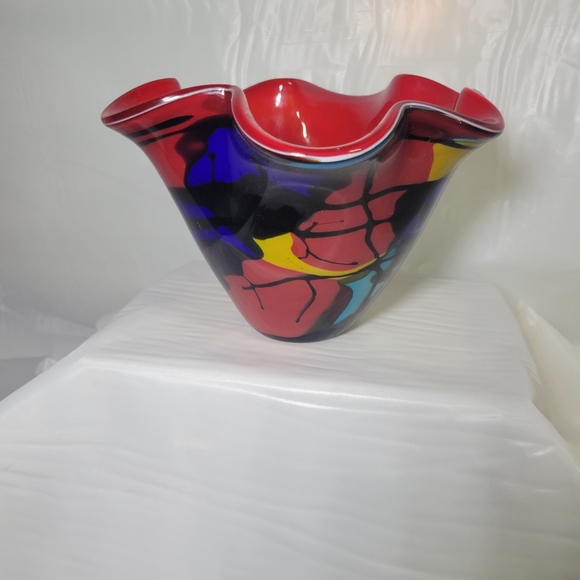 Murano Style Hand Blown Art Glass Ruffled Biwl Red Multi-Color Abstract - Picture 9 of 9